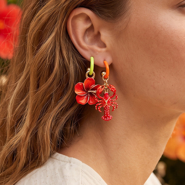 Red Flower Lobster Gold Enamel Dangler Earrings For Women Bulk Main image