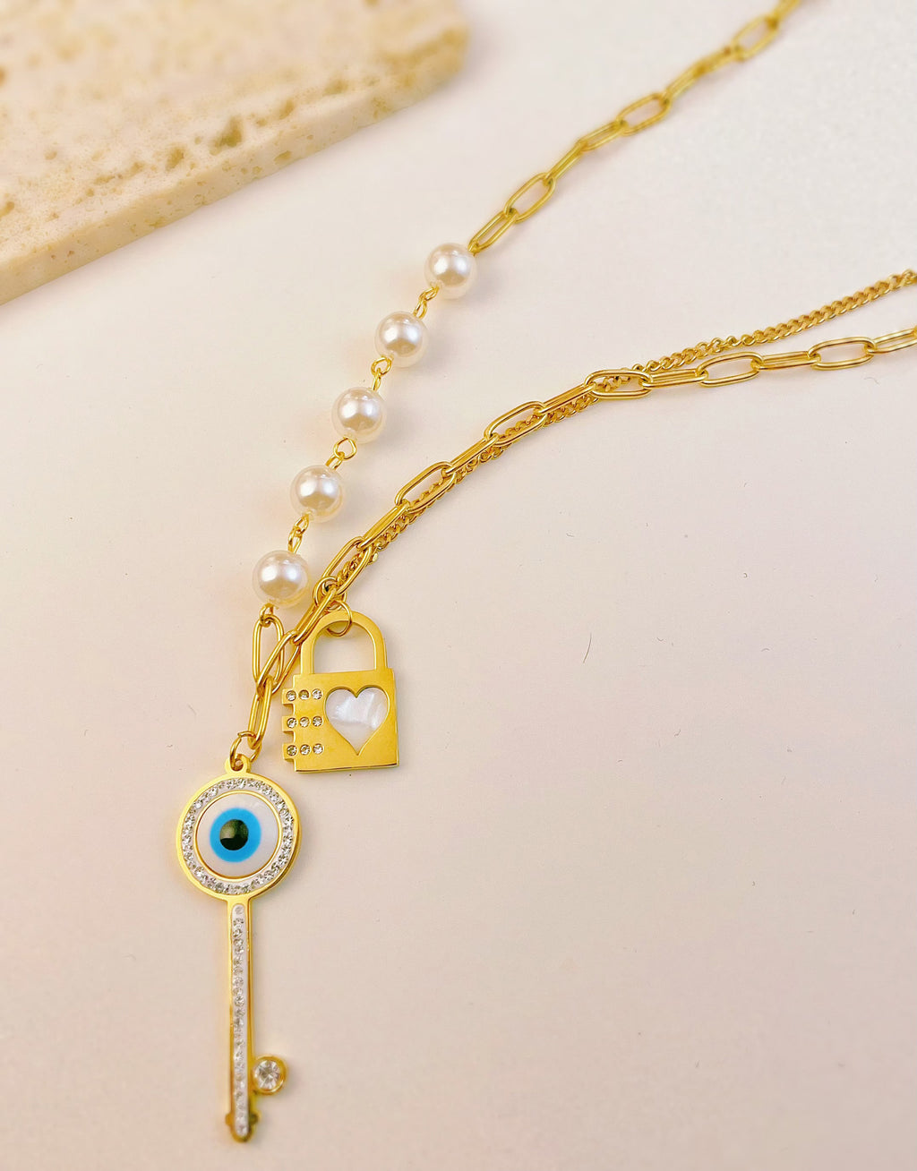Heart Key Lock Evil Eye Pearl Gold Stainless Steel Necklace Chain Bulk