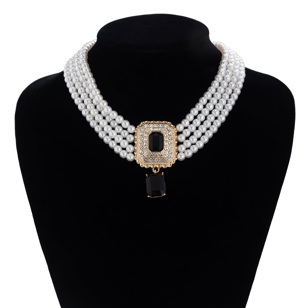Cushion Black White 18K Gold Pearl CZ Choker Necklace Earring Set Bulk