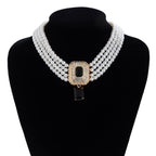 Cushion Black White 18K Gold Pearl CZ Choker Necklace Earring Set Bulk