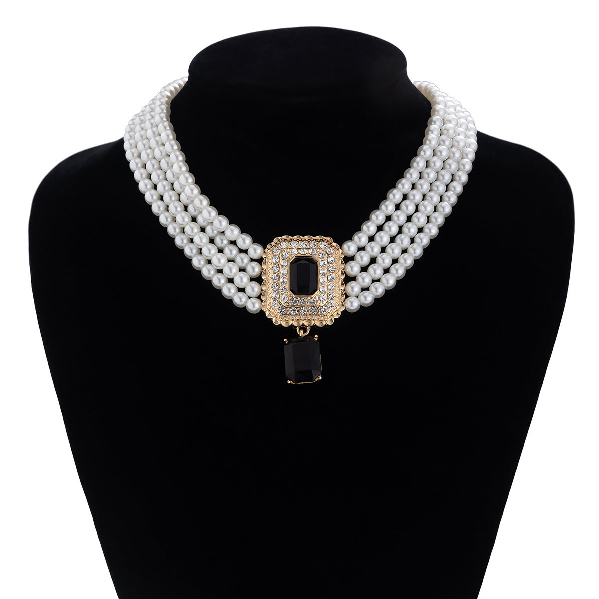 Cushion Black White 18K Gold Pearl CZ Choker Necklace Earring Set Bulk