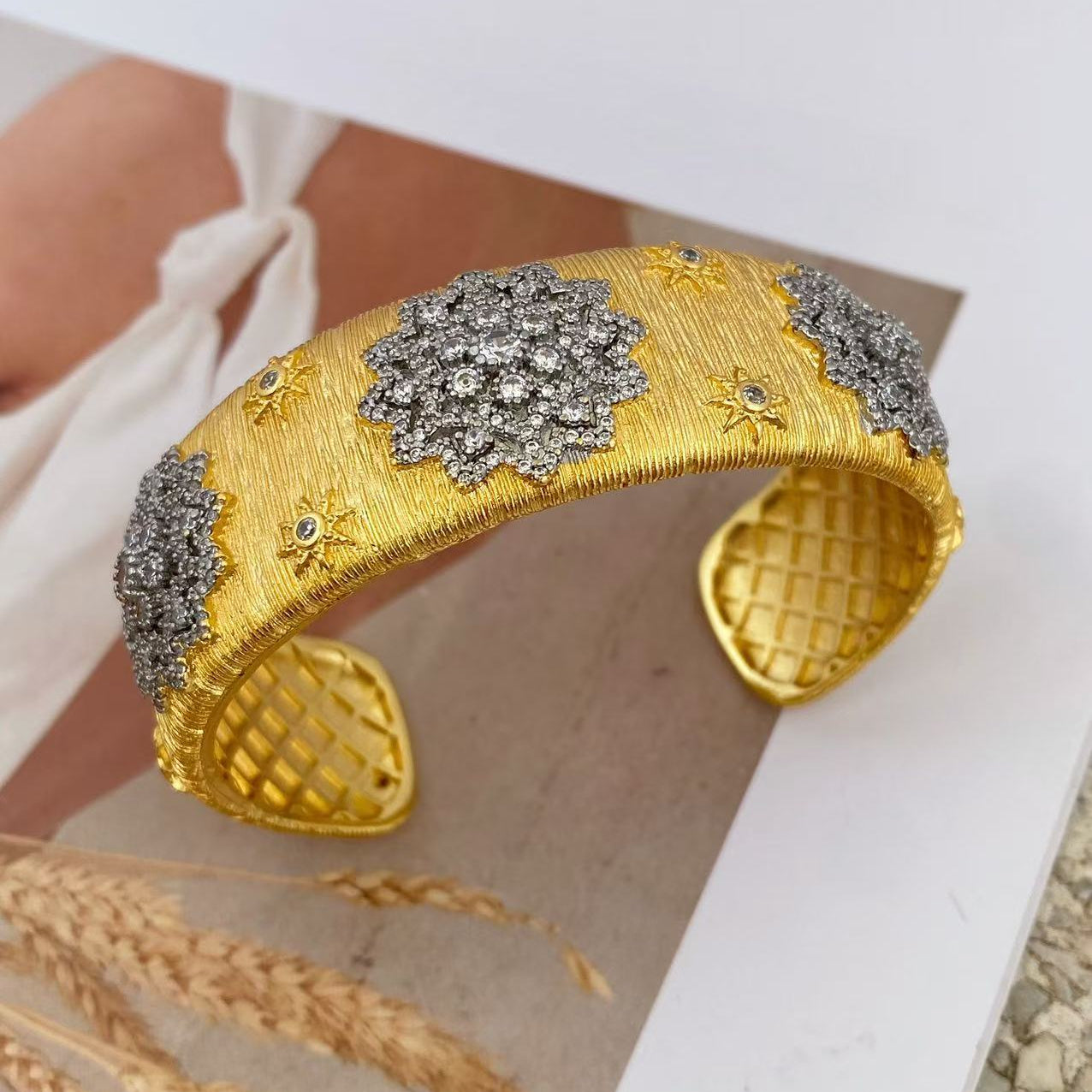 Flower CZ 18K Gold Silver Adjustable Cuff Bracelet Band Ring Bulk