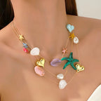 Seashell & Starfish Multi Layer Charm Gold Enamel Pearl Necklace Bulk
