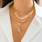 Key Lock 18K Gold Cubic Zirconia Curb Snake Chain Layer Necklace Bulk