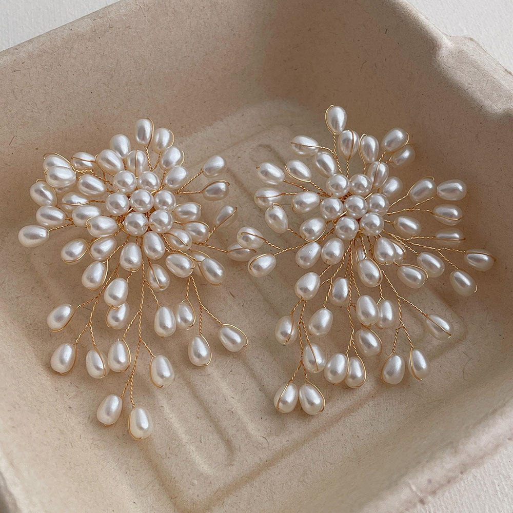White Designer Floral Teardrop Gold Pearl Copper Drop Earrings Bulk
