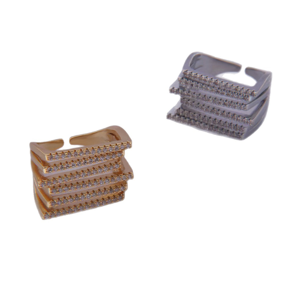 Multi Layer Square Design Gold CZ Copper Anti Tarnish Cocktail Ring Bulk