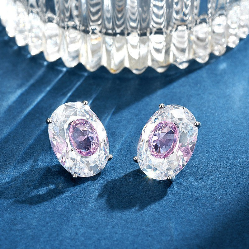 Luxury Purple Oval Silver CZ Anti Tarnish Copper Stud Earrings Bulk