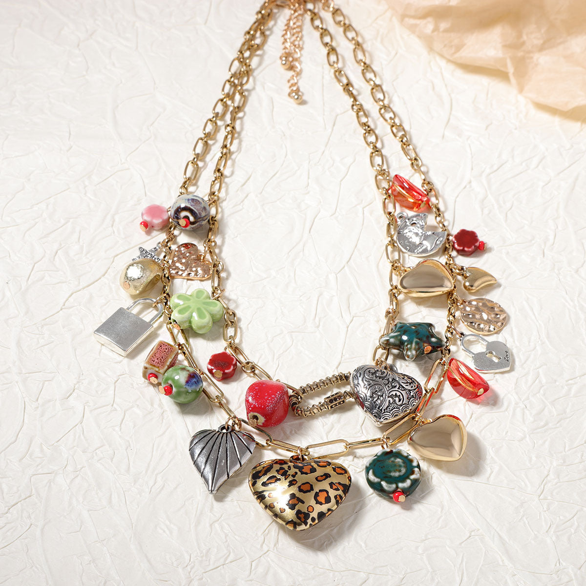 Dual Layer 18K Gold Heart Various Pieces Of Charm Necklace Women Bulk
