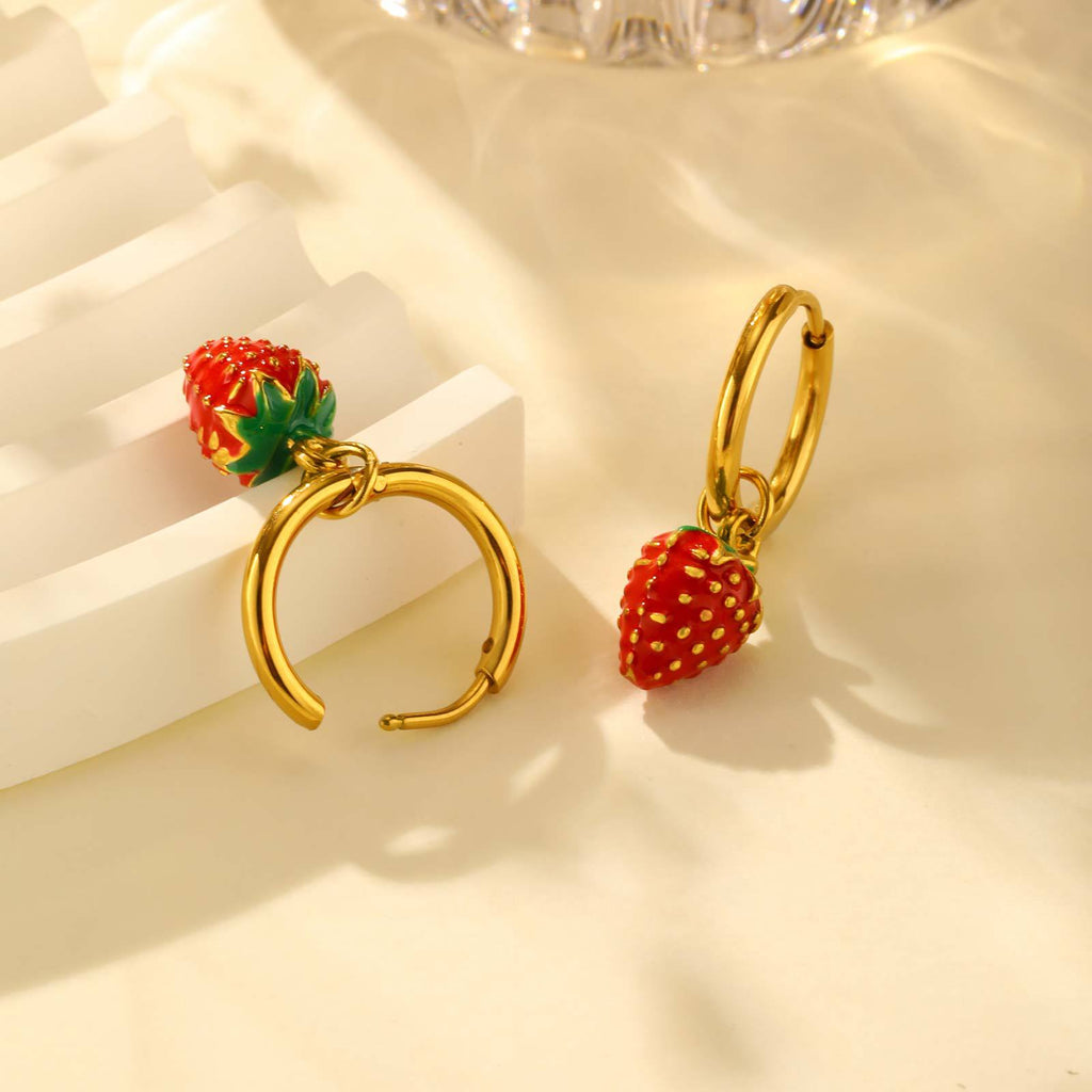 Bulk Red Strawberry Charm Gold Enamel Stainless Steel Hoop Earrings
