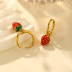 Bulk Red Strawberry Charm Gold Enamel Stainless Steel Hoop Earrings