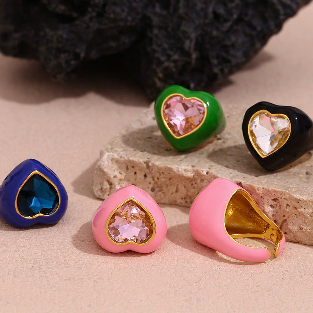 Heart Solitaire Enamel Gold Stainless Steel Anti Tarnish Ring Bulk