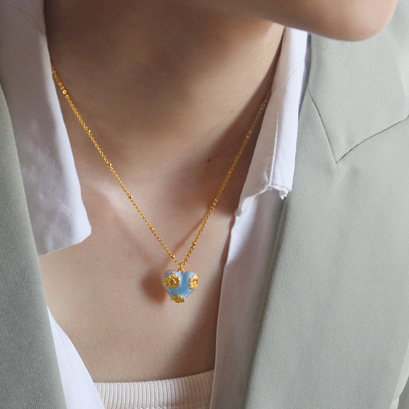 Heart Blue Gold Anti Tarnish Necklace Pendant Chain Earring Set Bulk