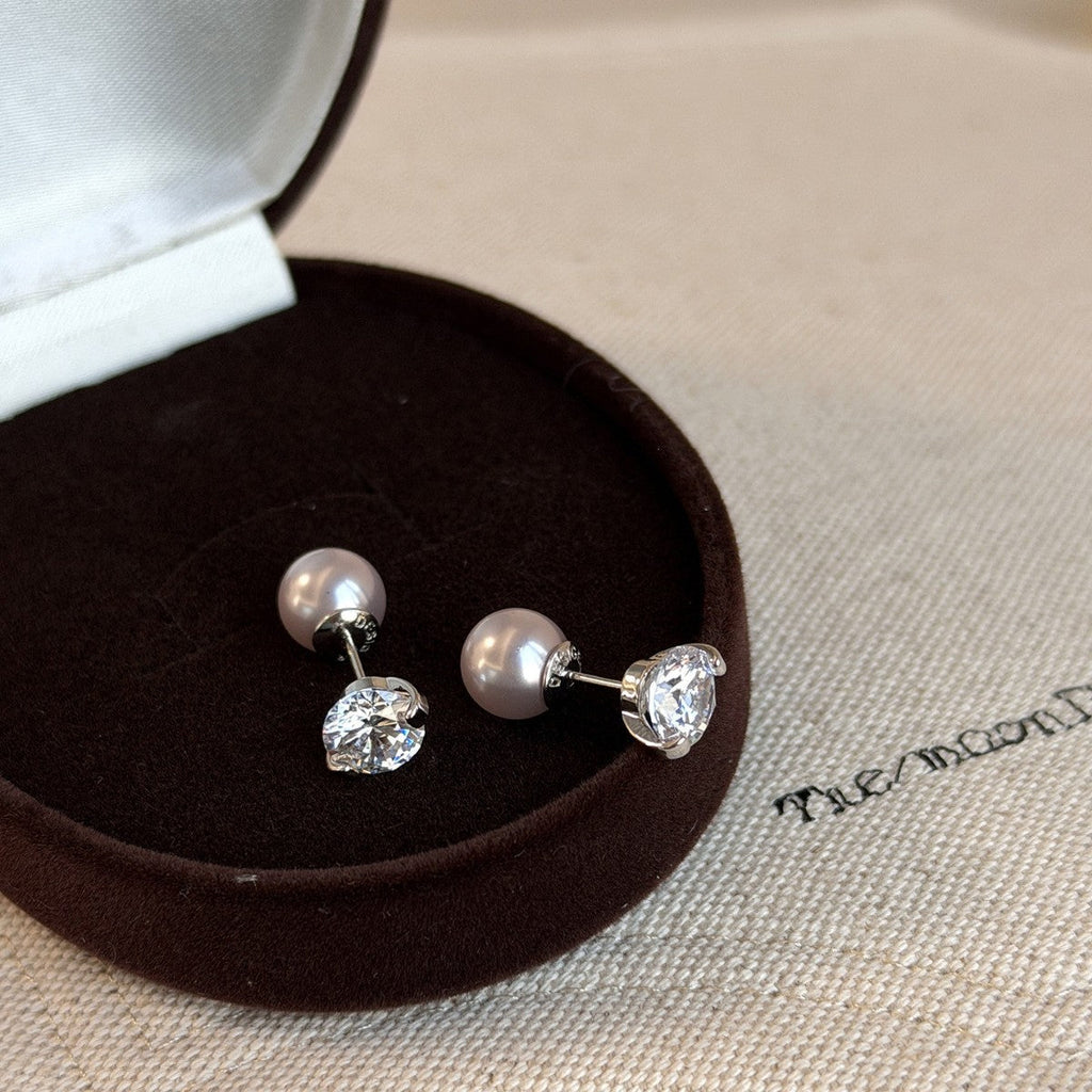 Silver Round Pearl Cubic Zirconia Copper Stud Earrings Women Bulk