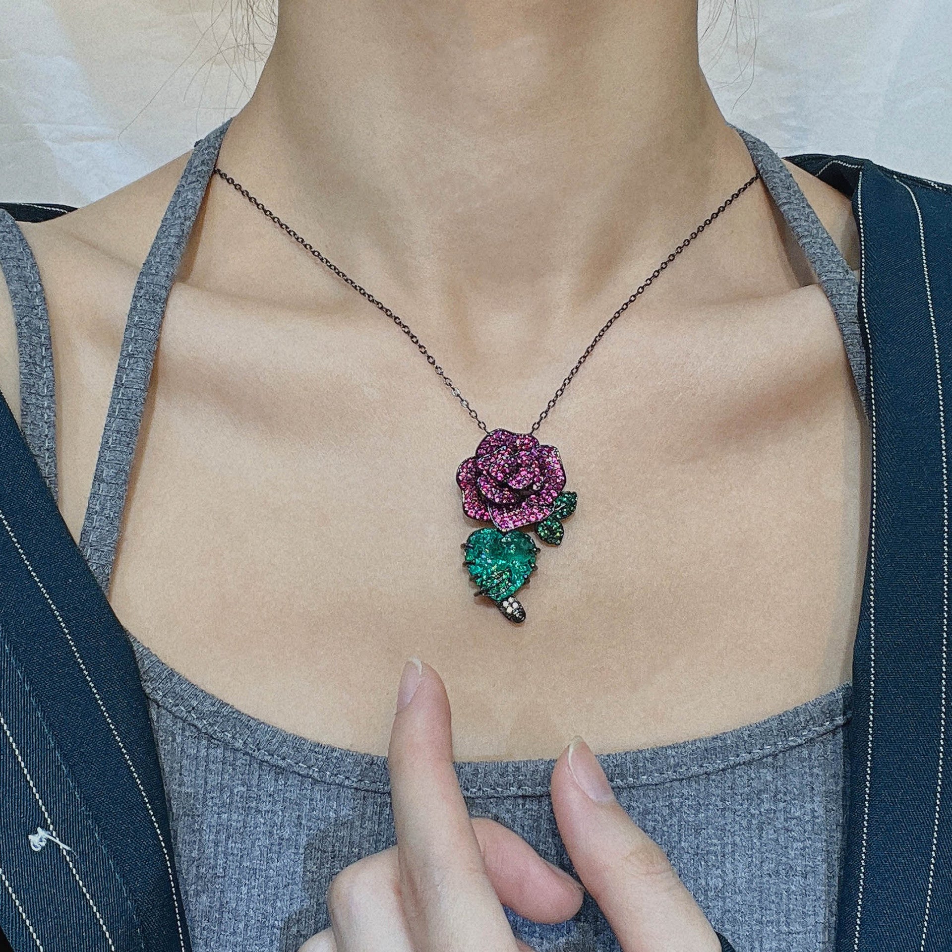 Flower Purple Green Black Anti Tarnish Necklace Chain Earring Set Bulk