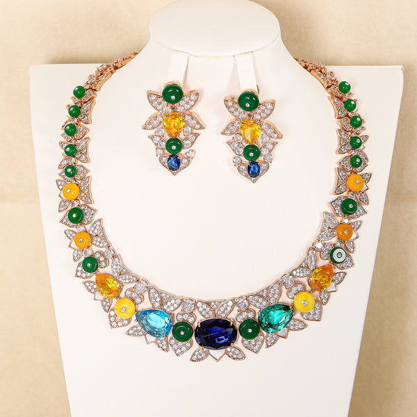 Rainbow Flower Solitaire 18K Gold Multi Gemstone Cubic Zirconia Anti Tarnish Necklace Earring Set For Women Main image