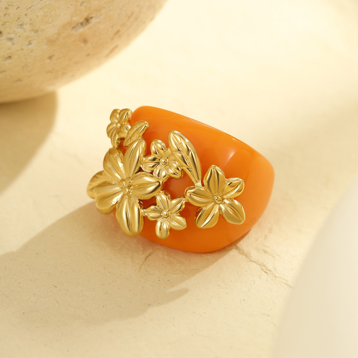 Flower 18K Gold Stainless Steel acrylic Adjustable Ring For Women
