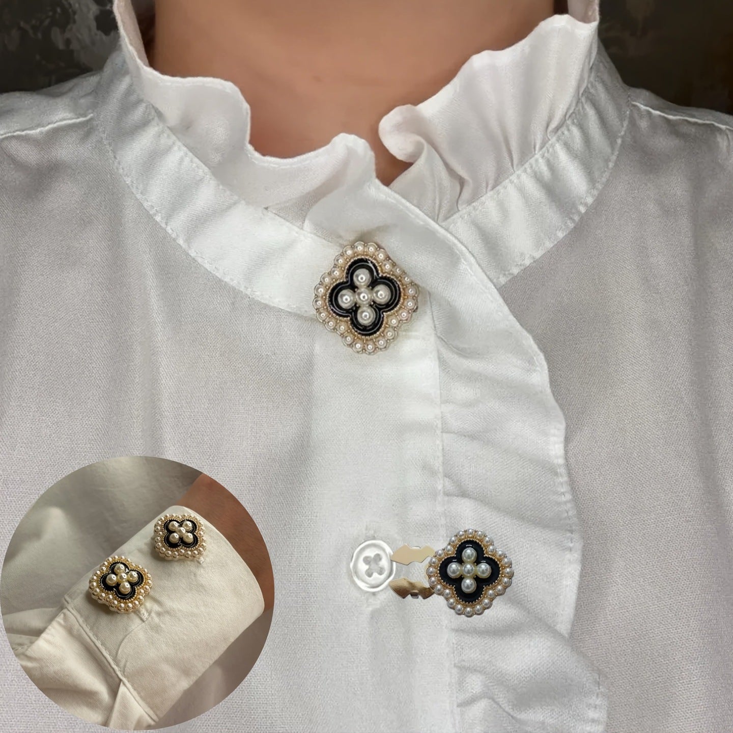 Bulk Black White Pink Clover Floral Gold Pearl Brass Button Cover