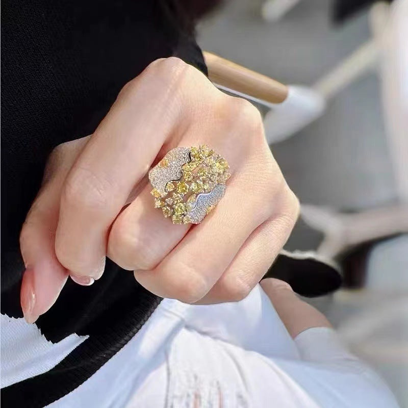 Yellow Flower Cluster Silver Cubic Zirconia Copper Adjustable Ring Women Bulk
