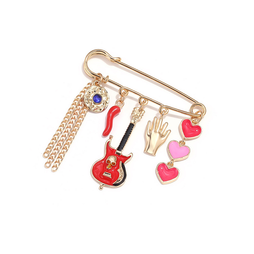 Multi Color Safety Pin Guitar Heart Charm Gold Brooch For Women Bulk