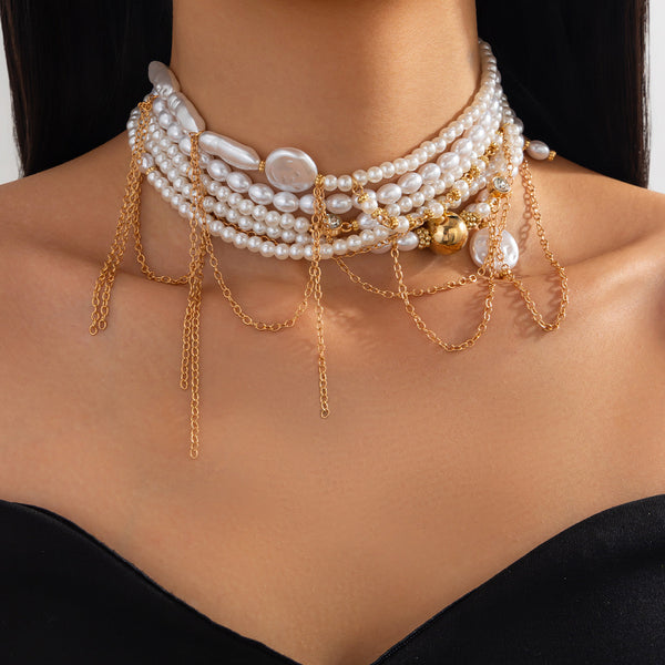 Multi Pearl Layer Link Chain 18K Gold Choker Necklace For Women Bulk Secondary image