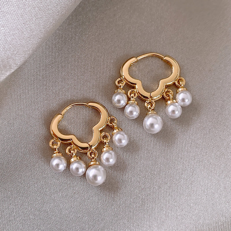 White Luxury Clover Gold Plated Pearl Hoop Earrings For Women Bulk