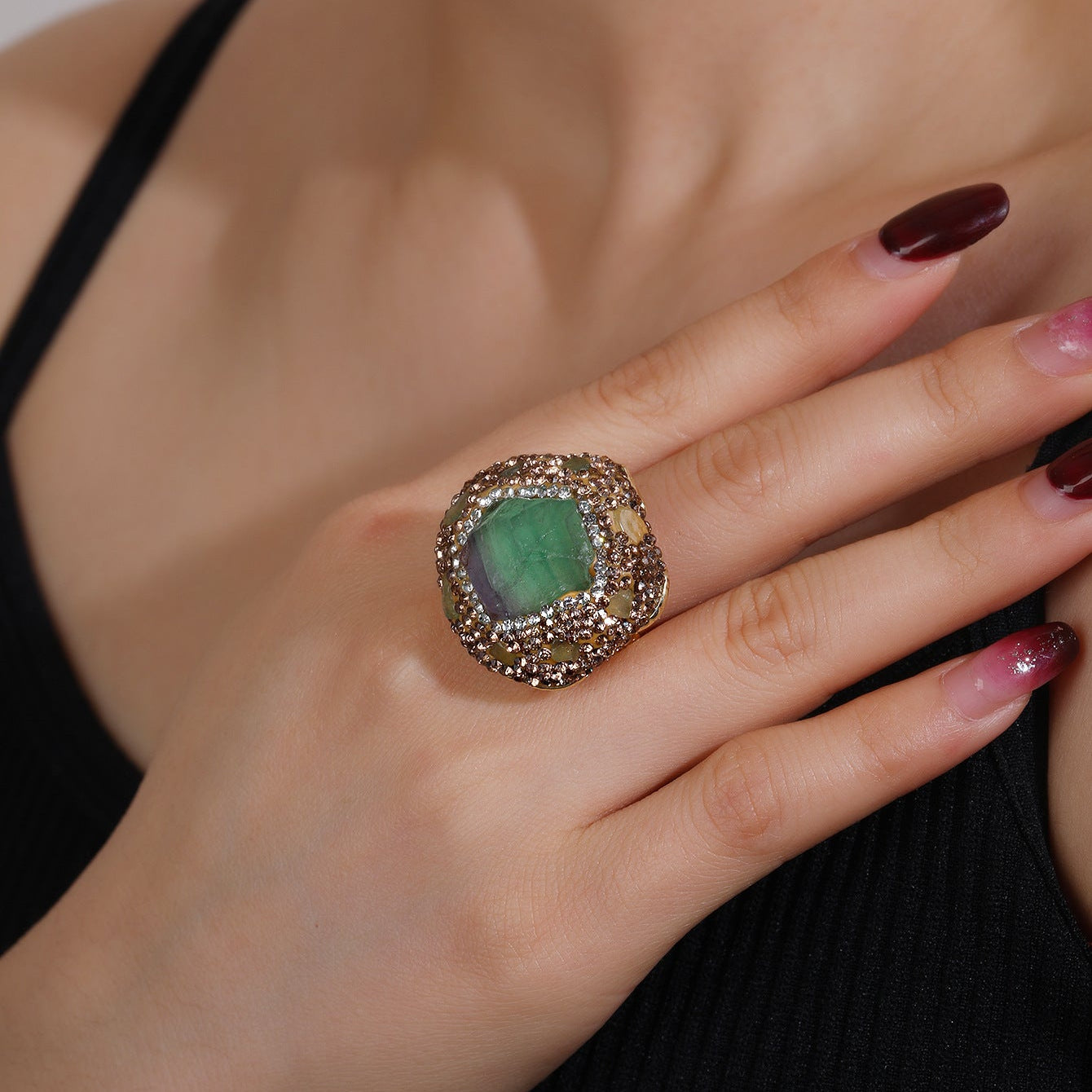 Rough Green Gemstone Crystal 18K Gold Adjustable Ring For Women Bulk