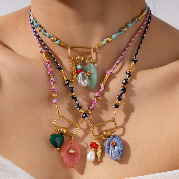 Hamsa Evil Eye Gold Pink Green Blue Black Beads Threads Necklace Bulk Secondary image