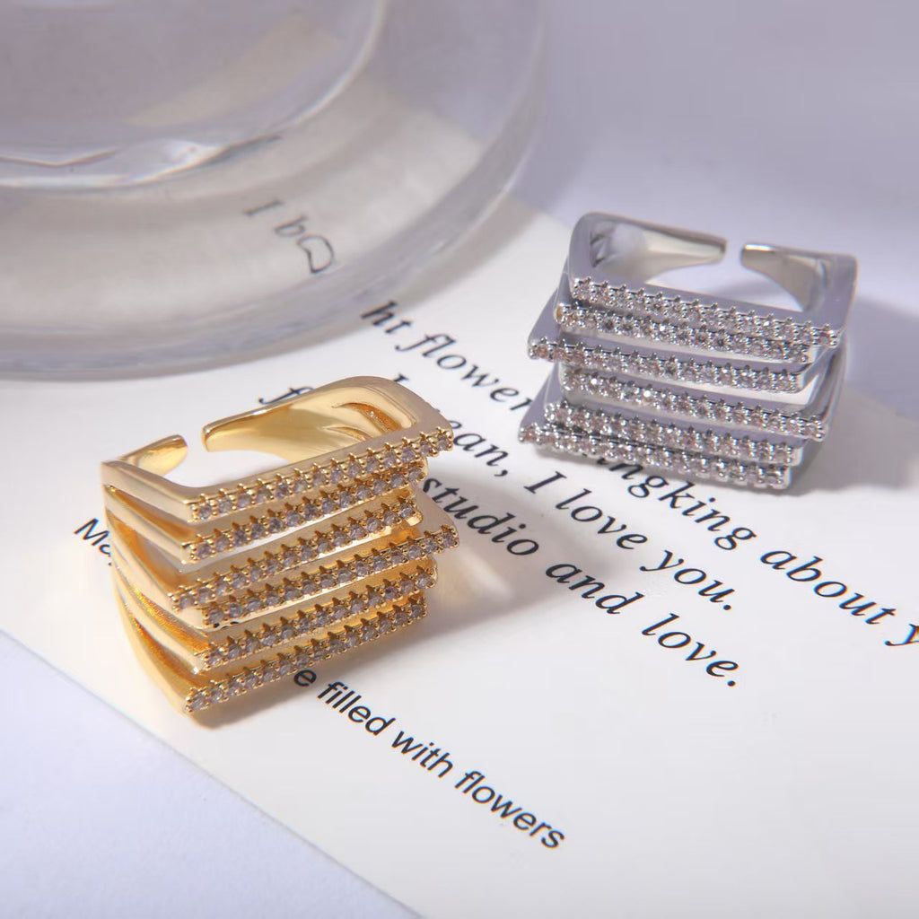 Multi Layer Square Design Gold CZ Copper Anti Tarnish Cocktail Ring Bulk