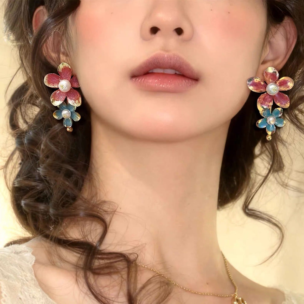 Red Blue Flower Gold Pearl Alloy Dangler Earrings For Women Bulk