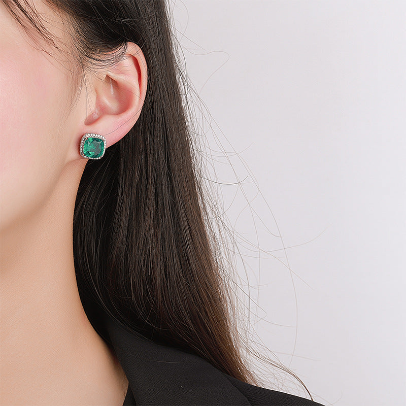 Square Silver Red Green Blue CZ Anti Tarnish Stud Earring Bulk