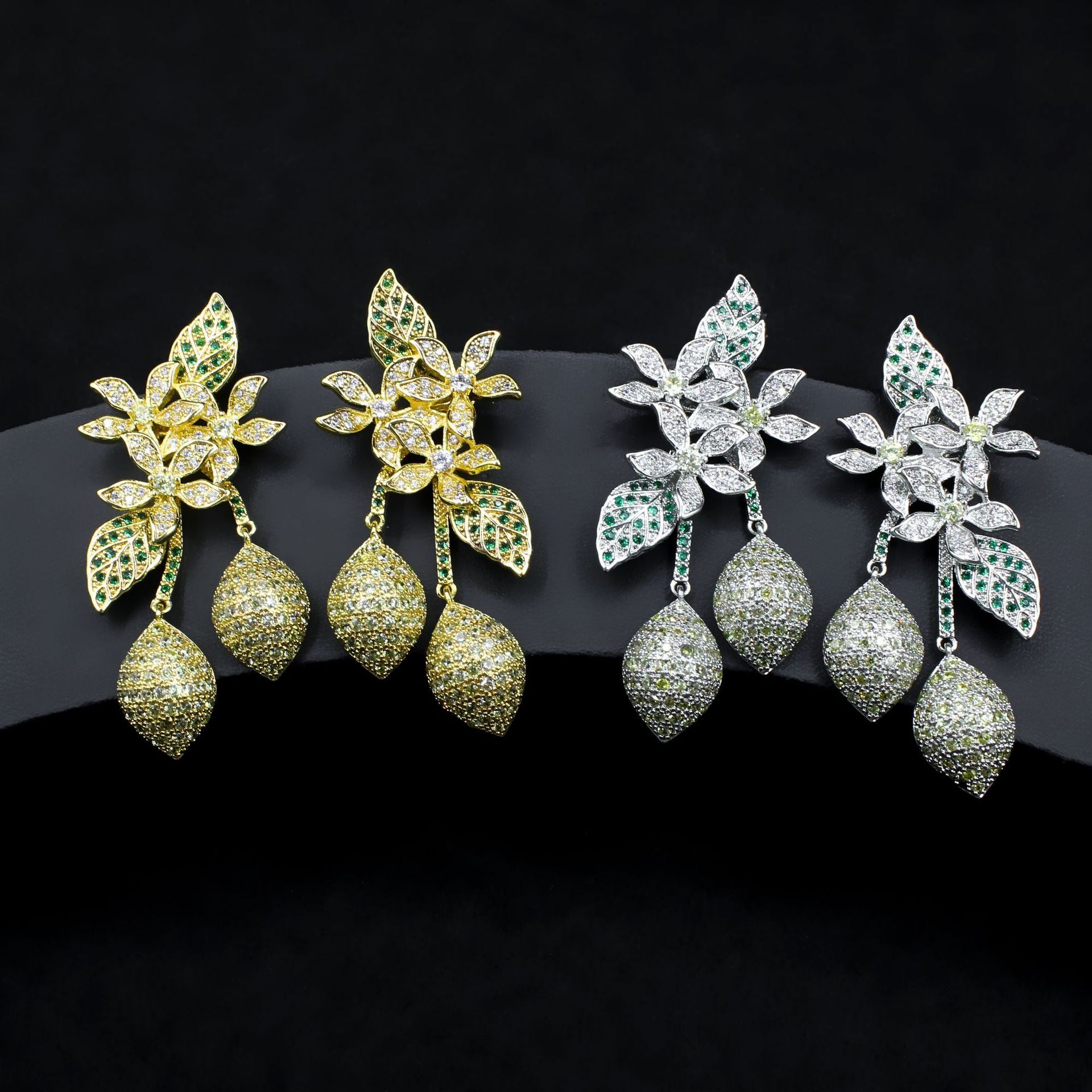Studded Flower Leaf Gold Black Silver Anti Tarnish Dangler Earring For Women