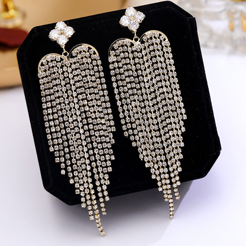 Heart Clover 18K Gold Silver Plated Rhinestones Anti Tarnish Dangler Long Tassel Earrings For Women