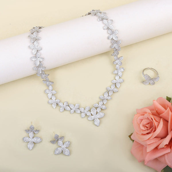 Designer Floral Silver CZ Anti Tarnish Copper Necklace Combo Set Bulk Secondary image