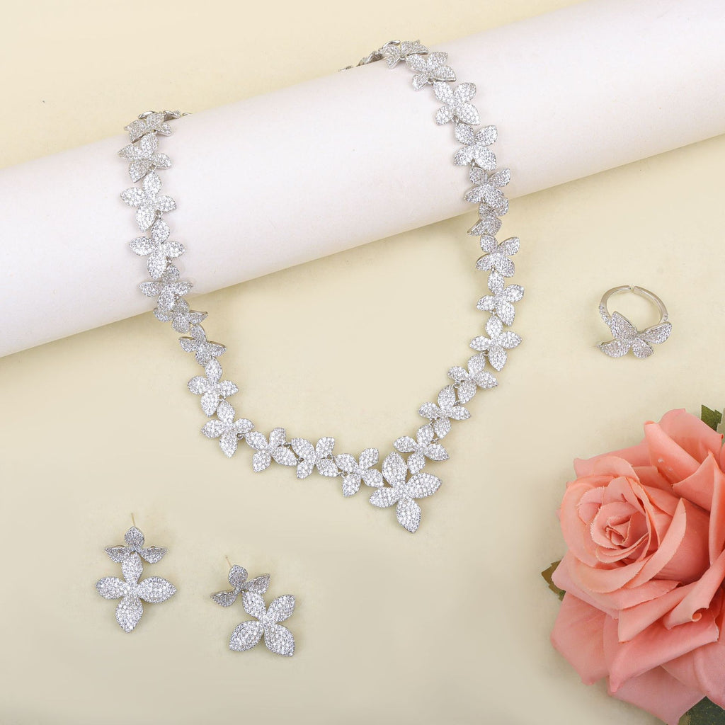 Designer Floral Silver CZ Anti Tarnish Copper Necklace Combo Set Bulk