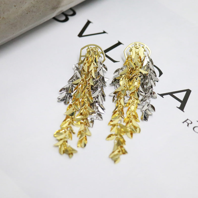 Luxury Dual Tone Cascading Leaf Gold Silver Copper Dangler Earrings Bulk