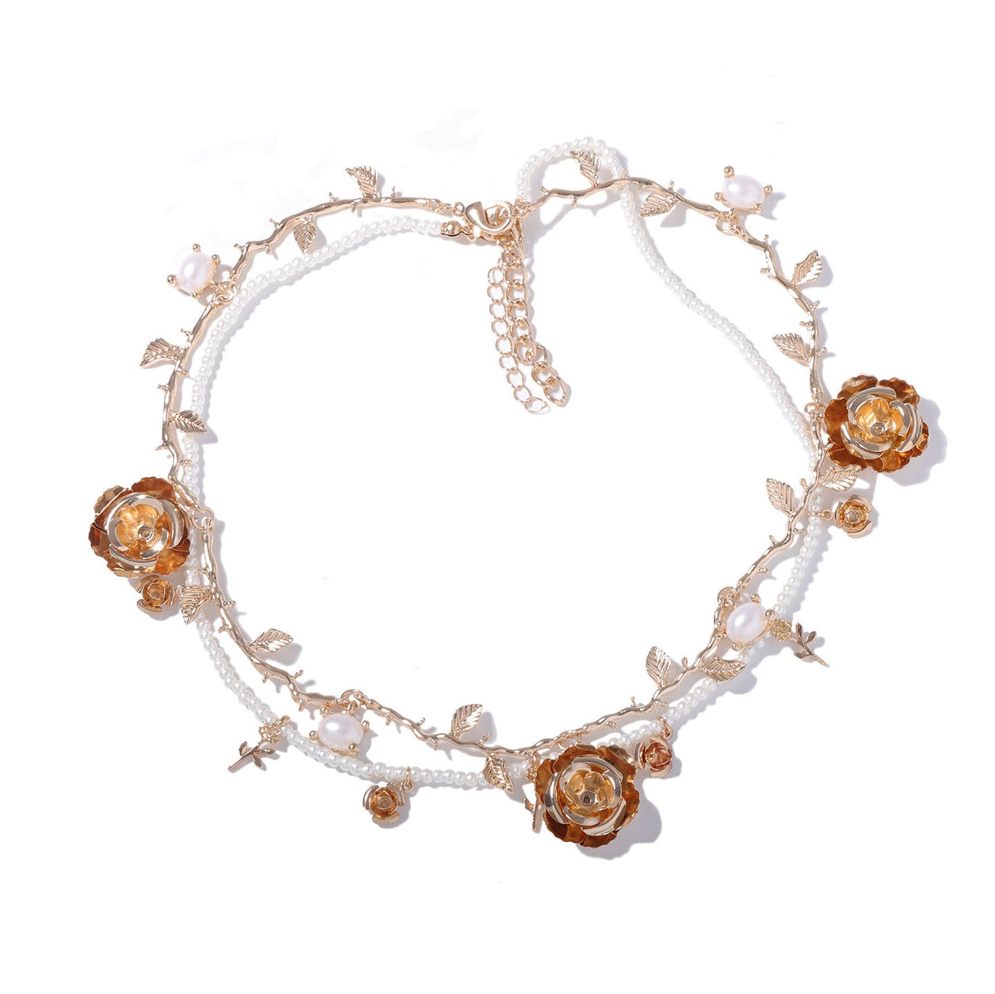 Flower Leaves 18K Gold Silver Pearl Dual Layer Necklace For Women