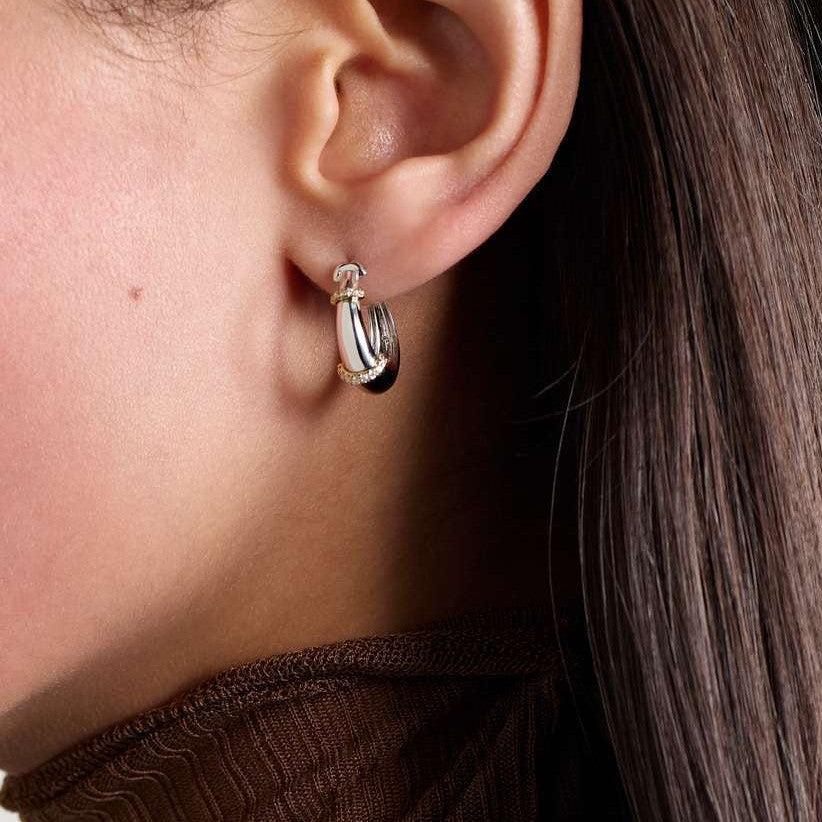 Modern Dual Tone Silver Plated CZ Stainless Steel Hoop Earrings Bulk Secondary image
