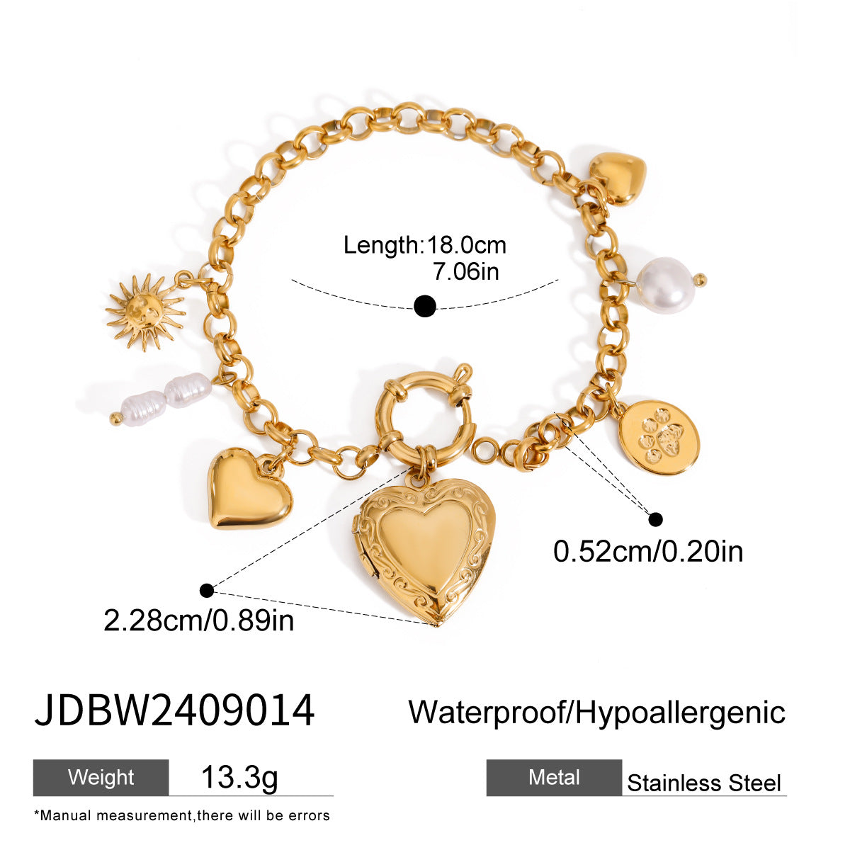 Heart Sun Gold Pearl Stainless Steel Link Chain Charm Bracelet Bulk
