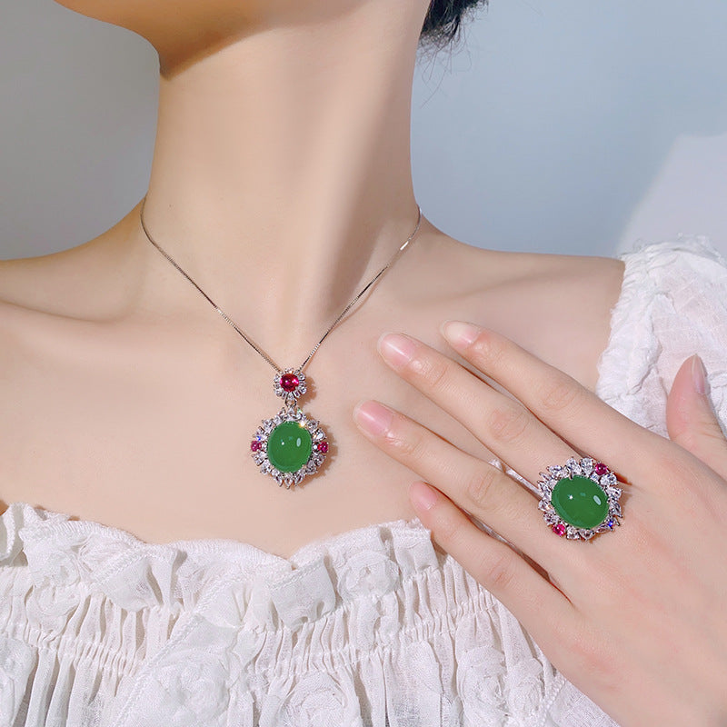 Simulation Green CZ Silver Anti Tarnish Necklace Ring Set Bulk Secondary image