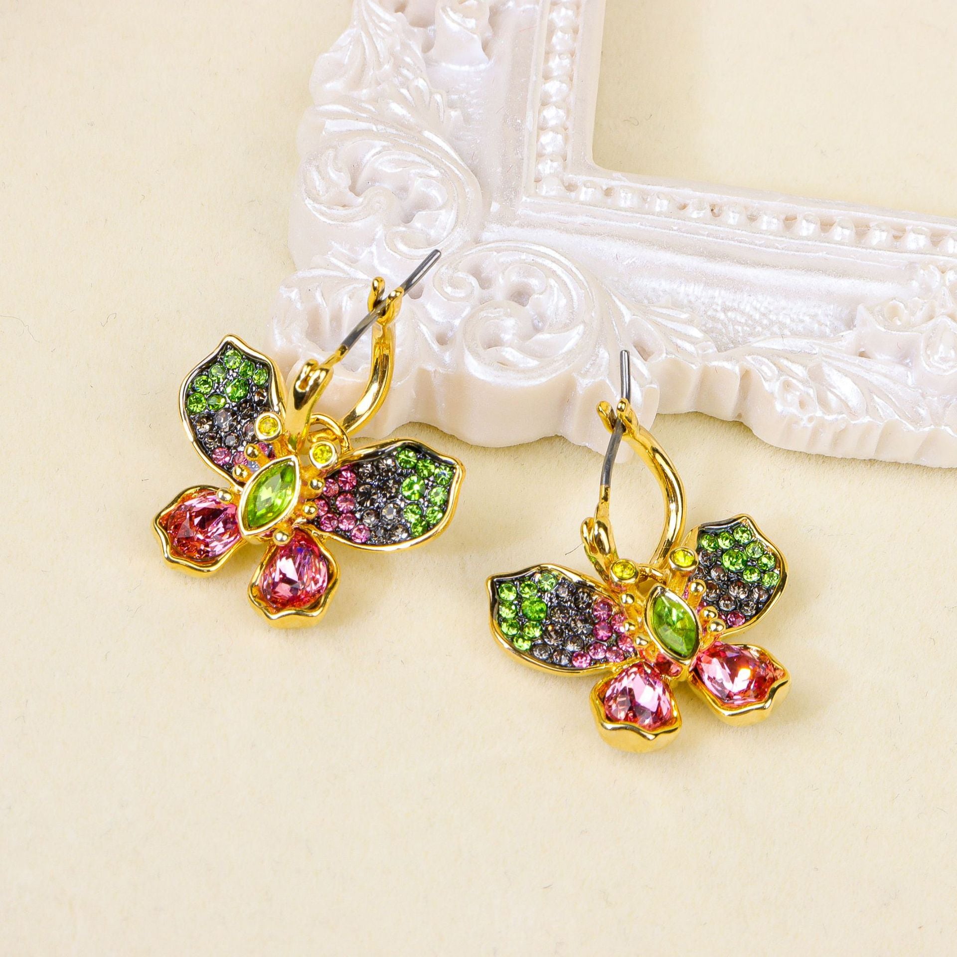 Multi Color Designer Butterfly Gold CZ Copper Necklace Earring Set Bulk