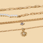 Multi Layer Gold Chain White Pearl Blue Evil Eye Sun Charm Necklace Bulk