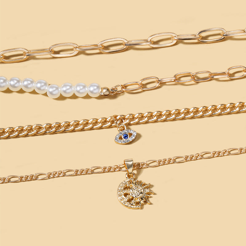 Multi Layer Gold Chain White Pearl Blue Evil Eye Sun Charm Necklace Bulk