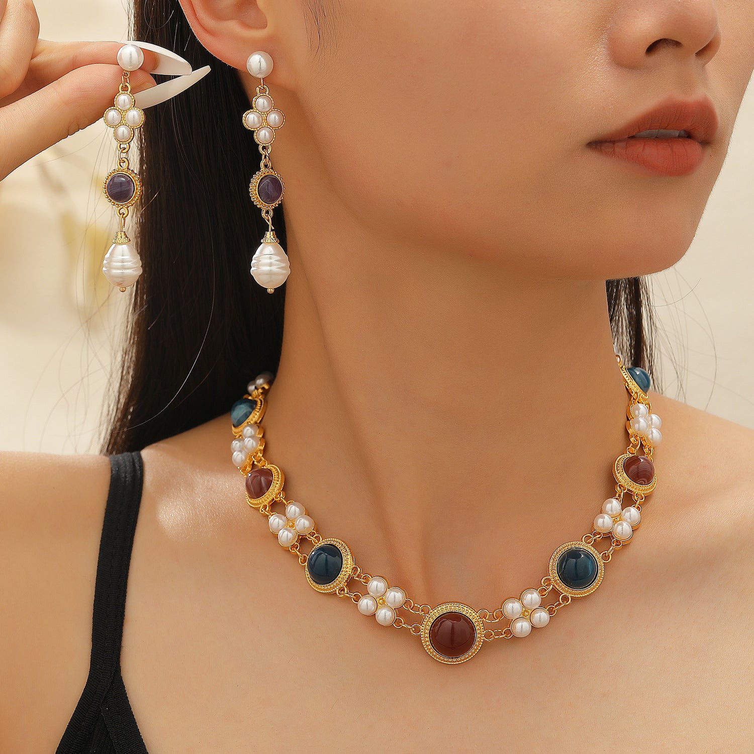 Designer Party Wear Gold Pearl Beads Necklace Earring Set Wholesale Main image