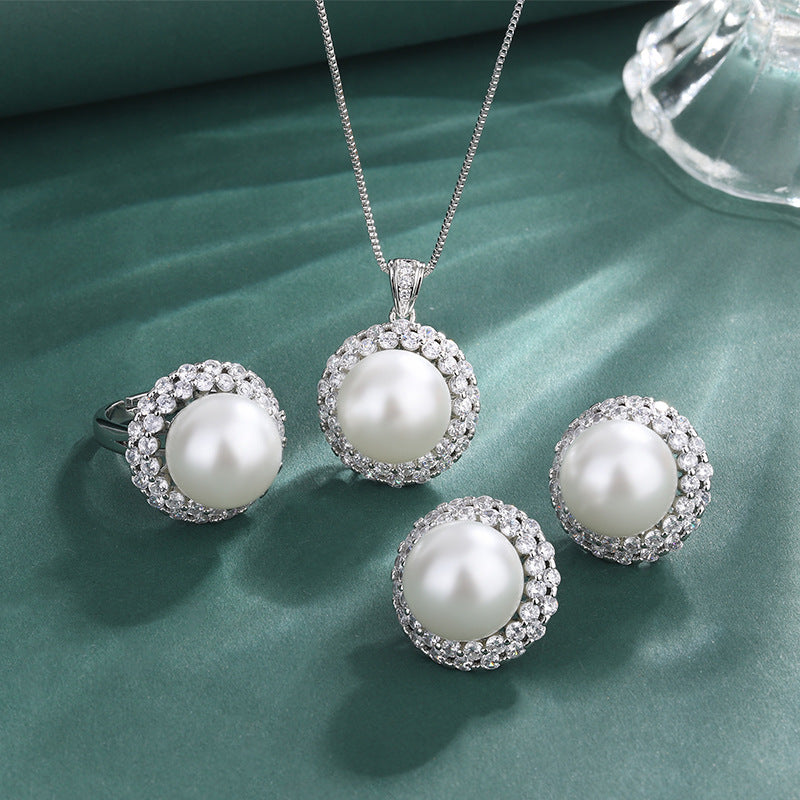 White Silver Pearl CZ Anti Tarnish Necklace Earring Set Bulk