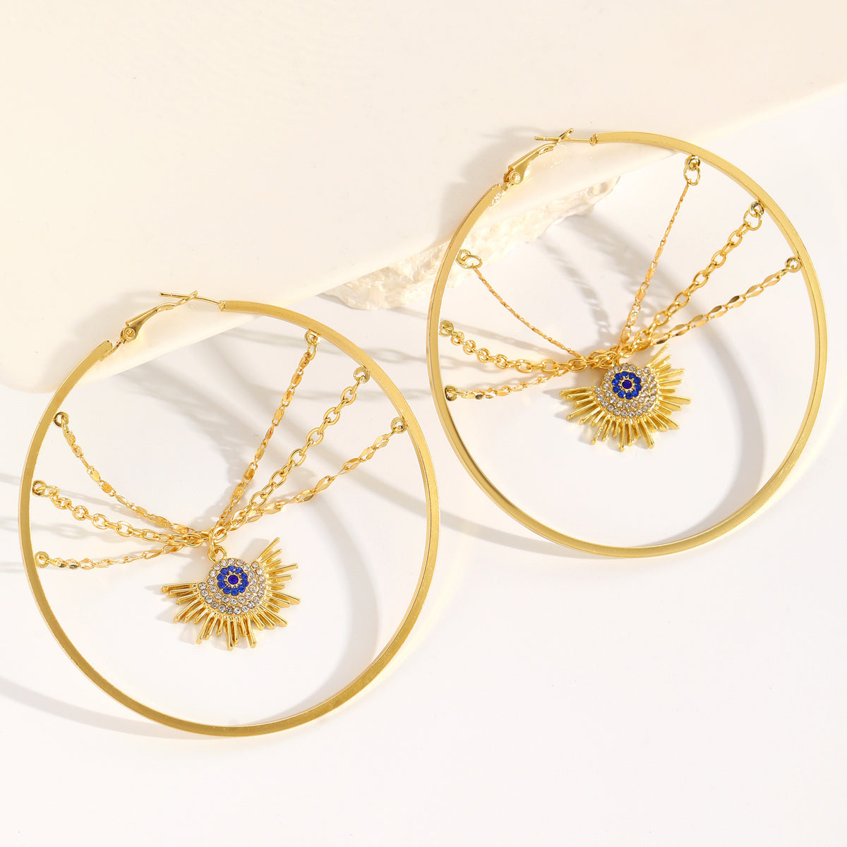 Designer Evil Eye Sunburst Gold Plated CZ Copper Hoop Earrings Bulk