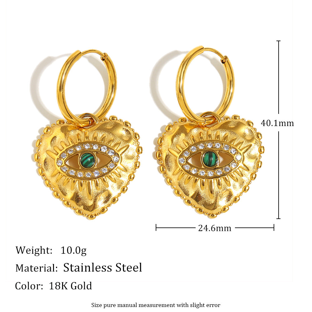 Heart Evil Eye 18K Gold CZ Stainless Steel Hoop Dangler Earring Bulk