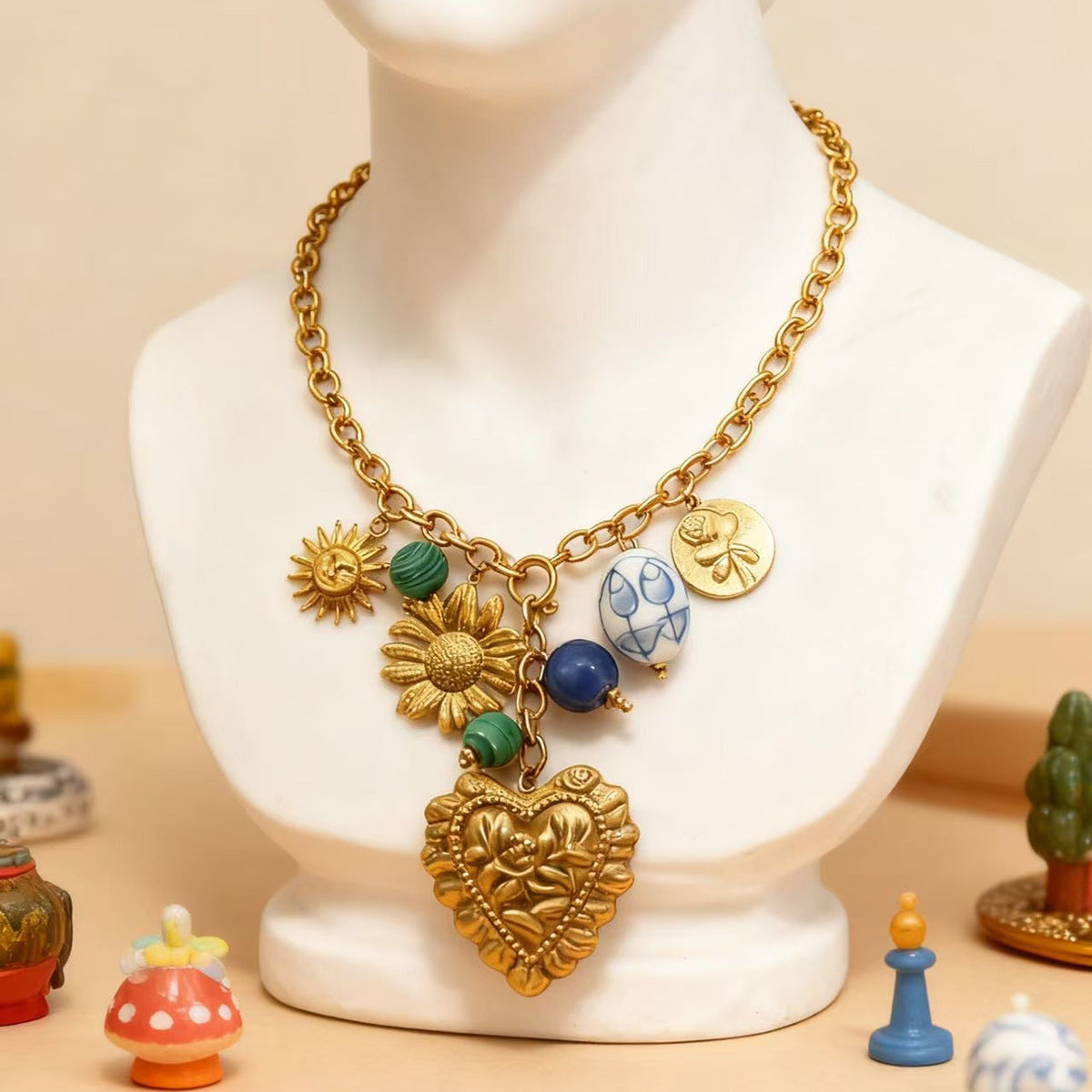 Heart Beads Flower Sun Gold Blue Green Alloy Necklace For Women Bulk
