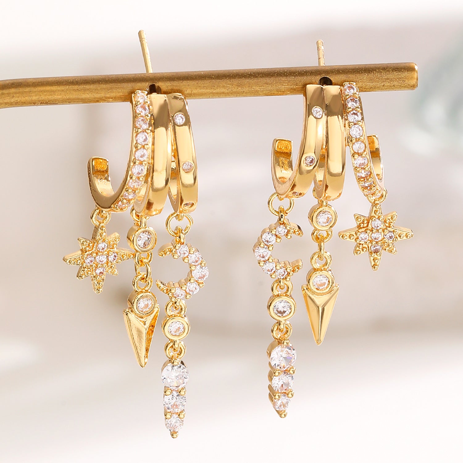 Designer Gold Plated CZ Copper Multi Layer Huggie Drop Earrings Bulk