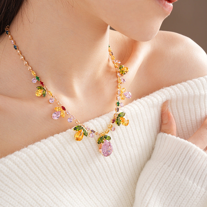 Drop Leaf Solitaire Crystal Pink Orange Anti Tarnish Necklace Earring Set For Women