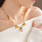Drop Leaf Solitaire Crystal Pink Orange Anti Tarnish Necklace Earring Set For Women